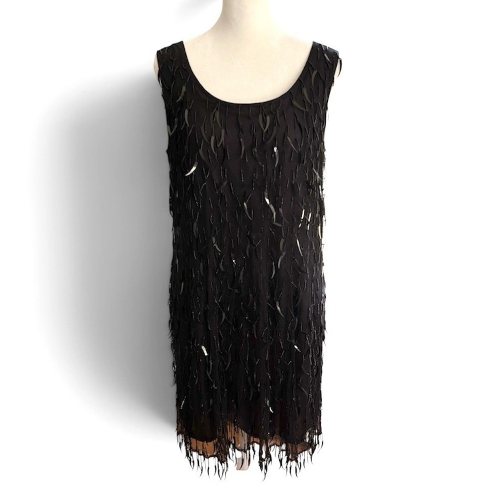 Vintage Vivienne Tam Beaded Paillette Fringe Dress Black Size 2 Flapper Art Deco